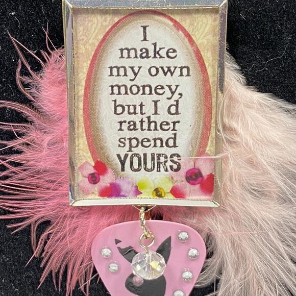 Handmade Statement Pendant Necklace – Pink Feathers, Rhinestones, Quote “I Make - Picture 5 of 7